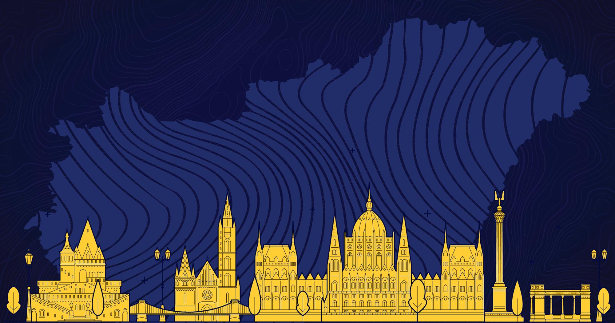This graphic features an artistic illustration of Budapest’s skyline, with iconic landmarks such as the Hungarian Parliament Building, Fisherman’s Bastion, and Heroes’ Square rendered in bold yellow against a dark blue background. The wavy contour lines overlaid on the background map add a sense of topography and depth.