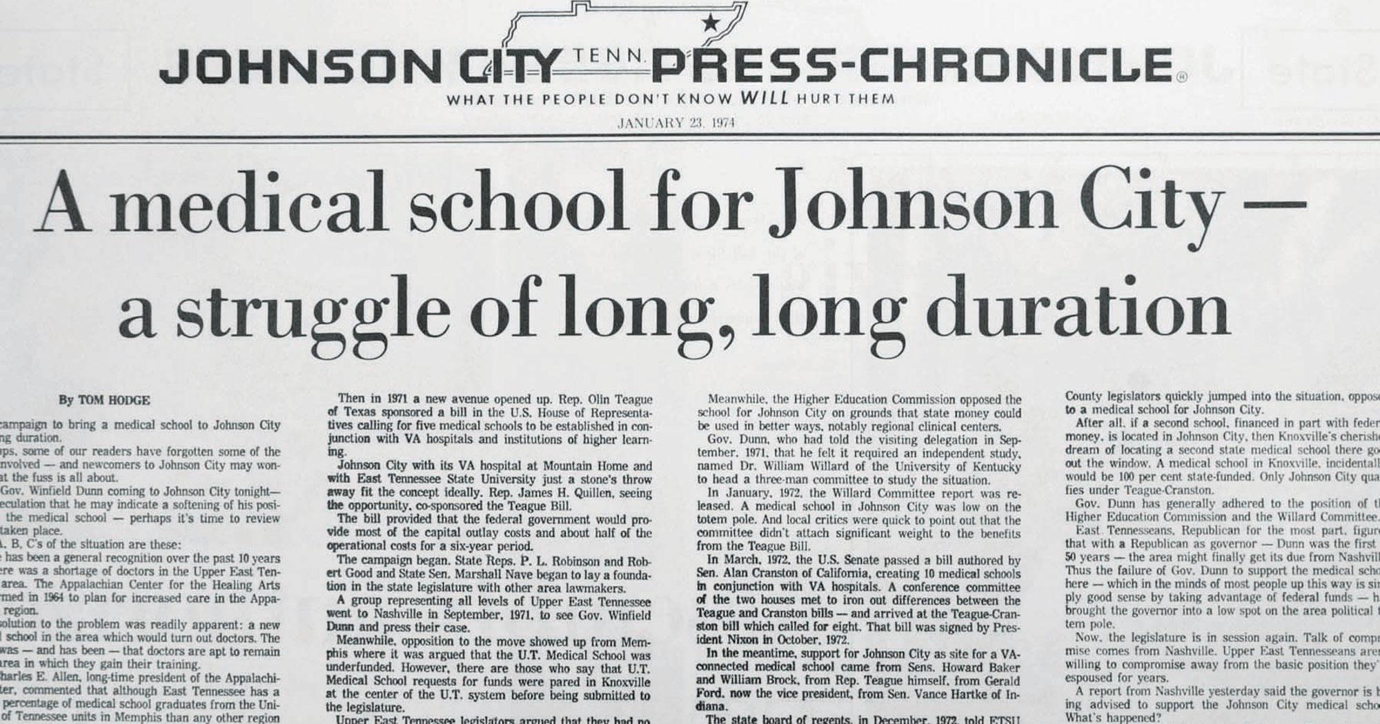 Old newspaper article titled “A medical school for Johnson City—a struggle for long, long duration.”