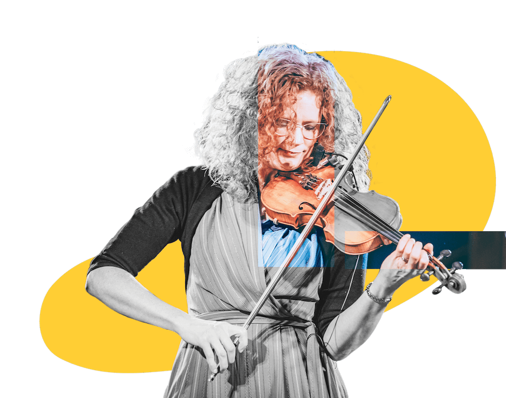 Edited portrait of Becky Buller playing the fiddle.