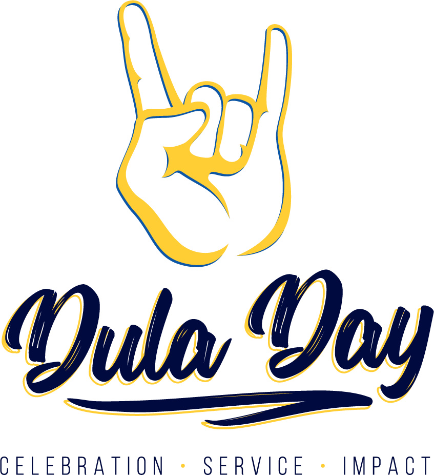 graphic illustration depicting a hand forming the rock and roll symbol; the text reads Dula Day: celebration, service, impact