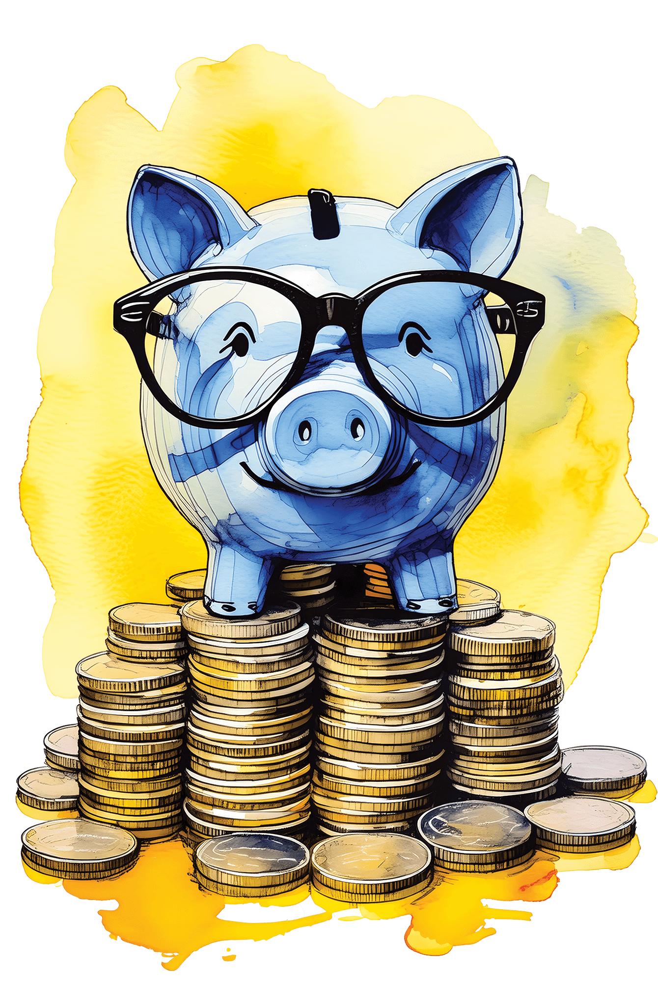 Graphic design of a blue piggy bank wearing glasses standing on top of a pile of gold coins.