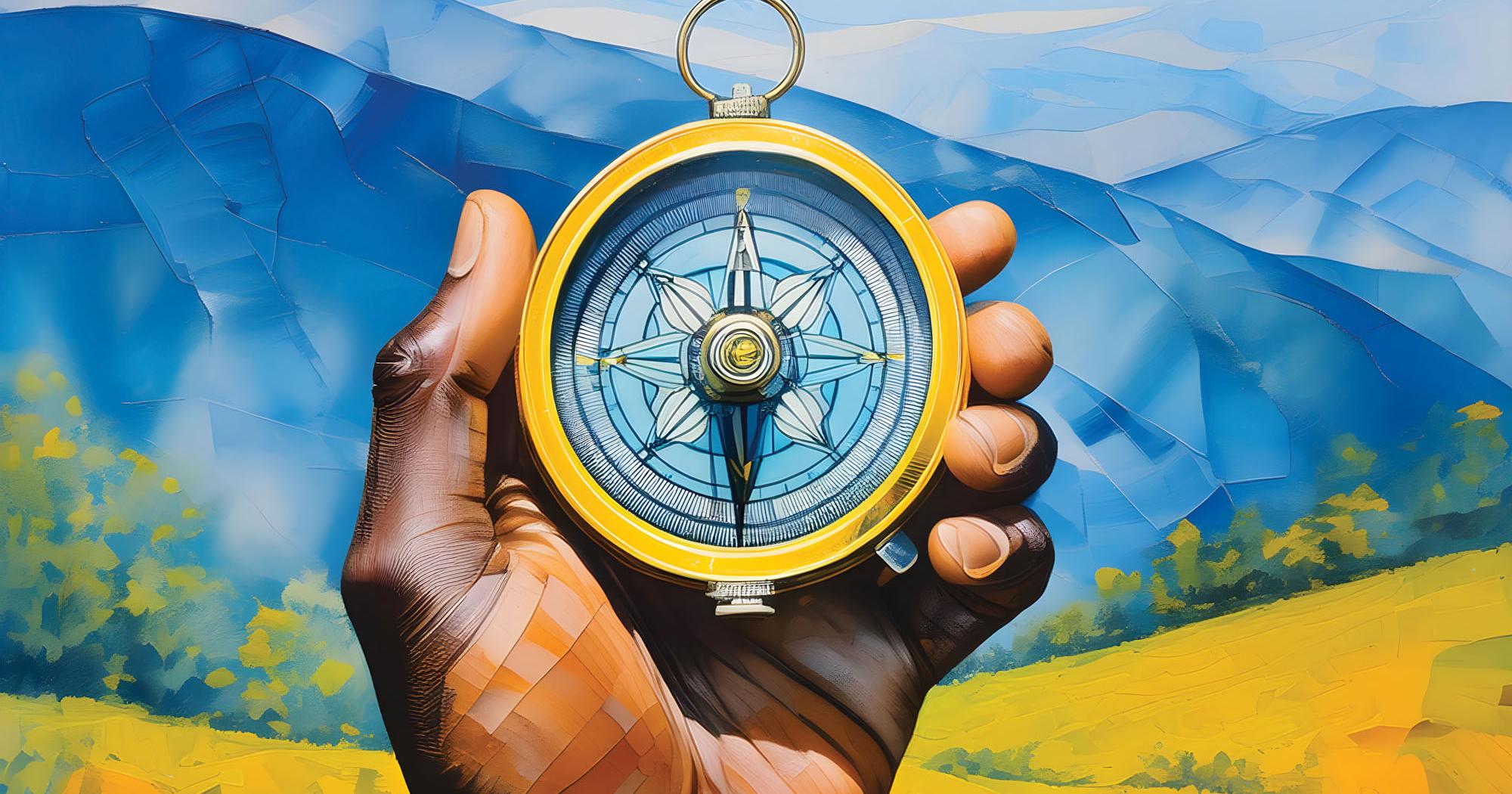 Graphic design of a Black hand holding a compass in front of an Appalachian Highlands landscape.