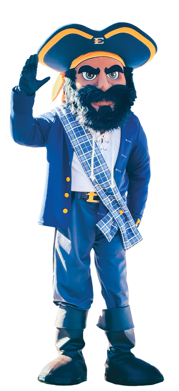 ETSU’s mascot, Bucky, waving his hand. 
