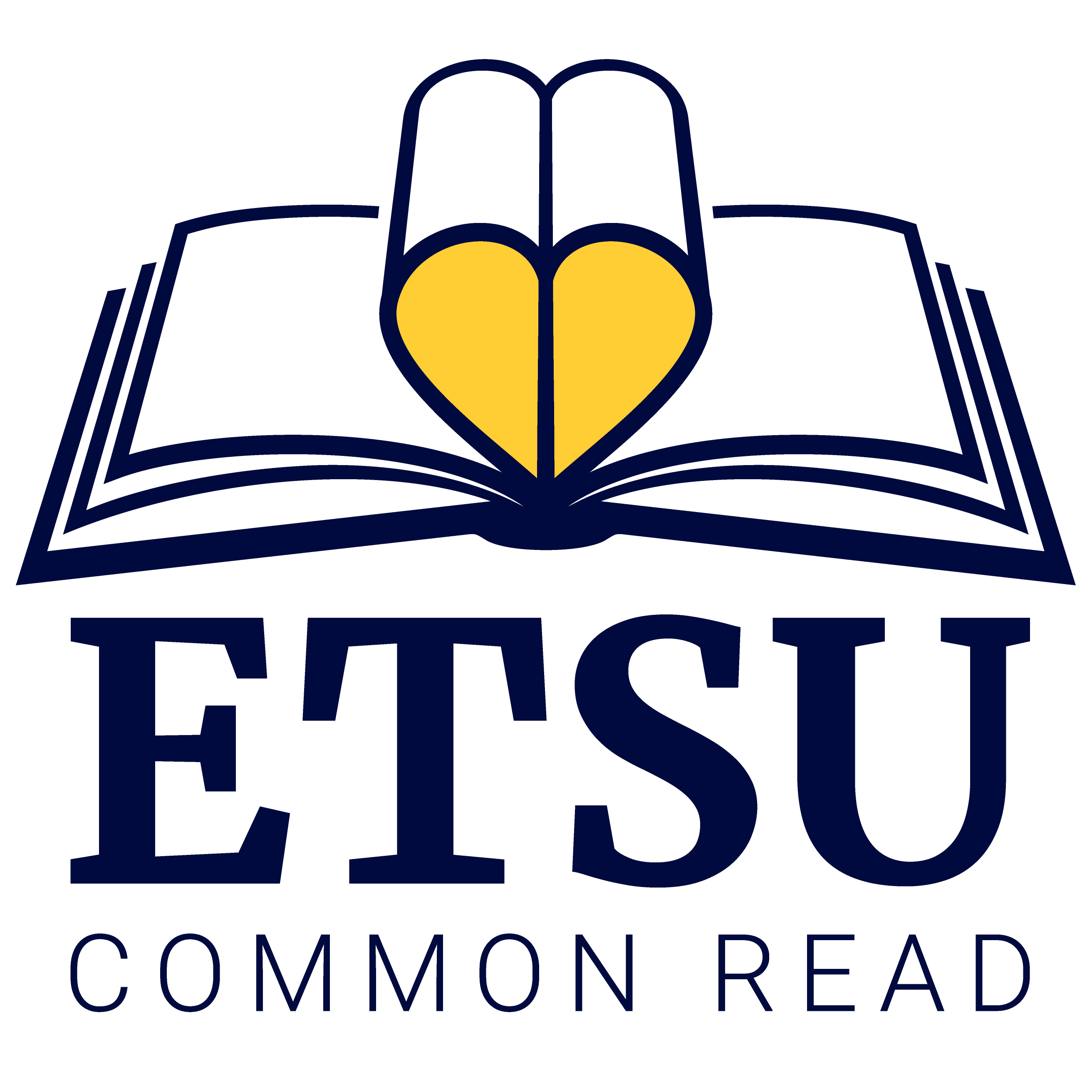 A graphic with a book whose pages open and make a gold heart with the text: ETSU Common Read