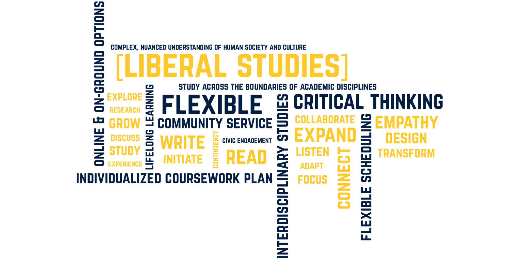 Liberal Studies: Complex, nuanced understanding of human society and culture; study across the boundaries of academic disciplines; individualized coursework plan; civic engagement; inetrdisciplinary studies; critical thinking; lifelong learning; flexible scheduling; online and on-ground options; explore; research; growth; discussion; study; experience; community service; skills; adaptability; education; read; collaborate; listen; expand; initiative; focus; connect.
