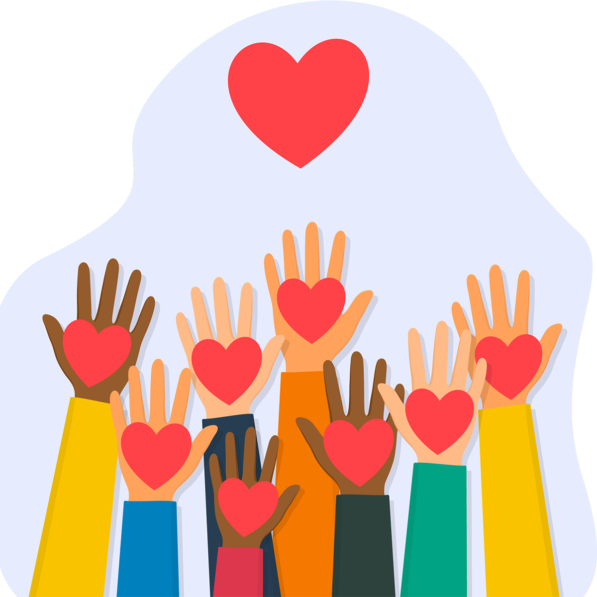 Illustration of multiple raised hands with hearts in their palms to represent volunteerism