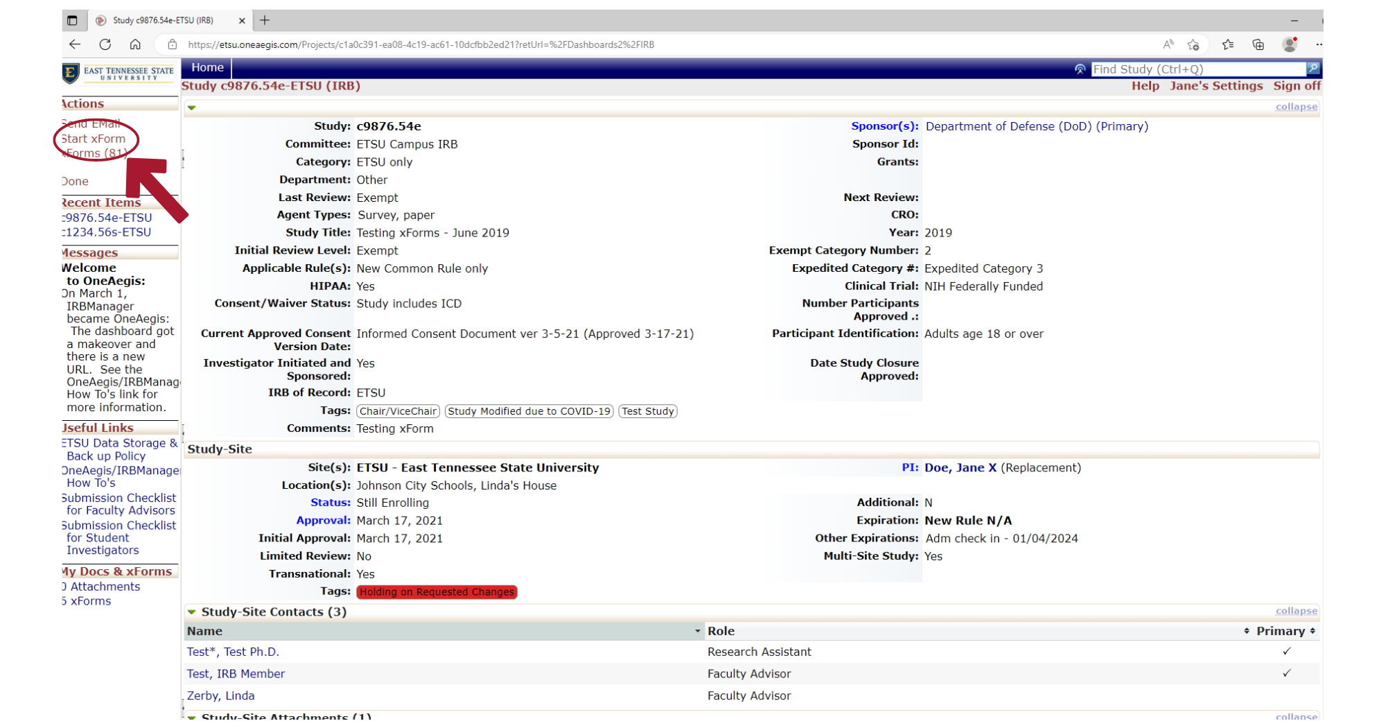Screenshot showing "Start xForm" link in the top left corner of a OneAegis study page.