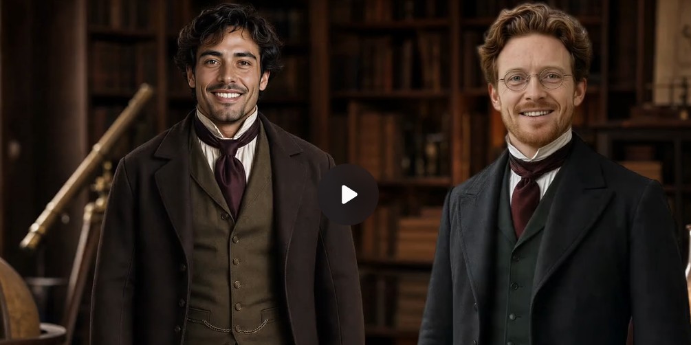 Two AI generated young men, one with dark hair and the other with light brown hair and glasses, are both dressed in early 1900s wool suits.