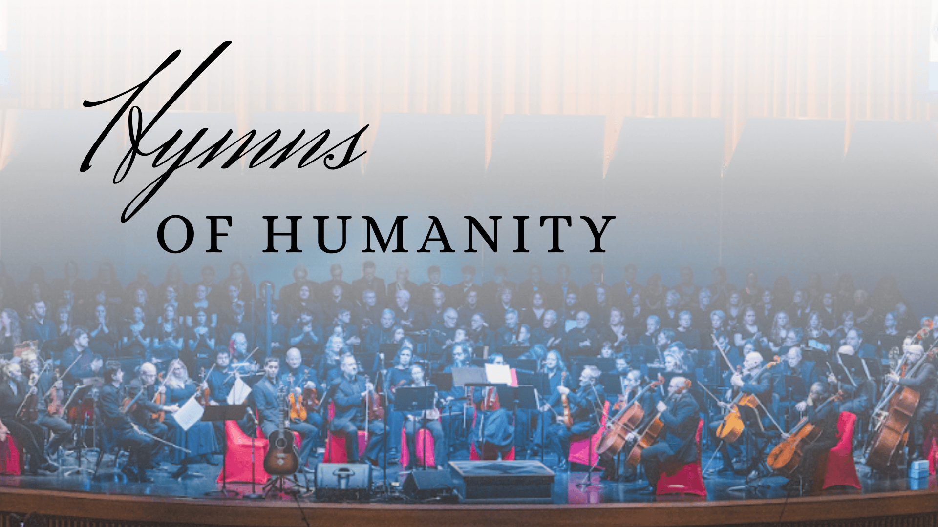 a gradiant background with an orchestra in the background