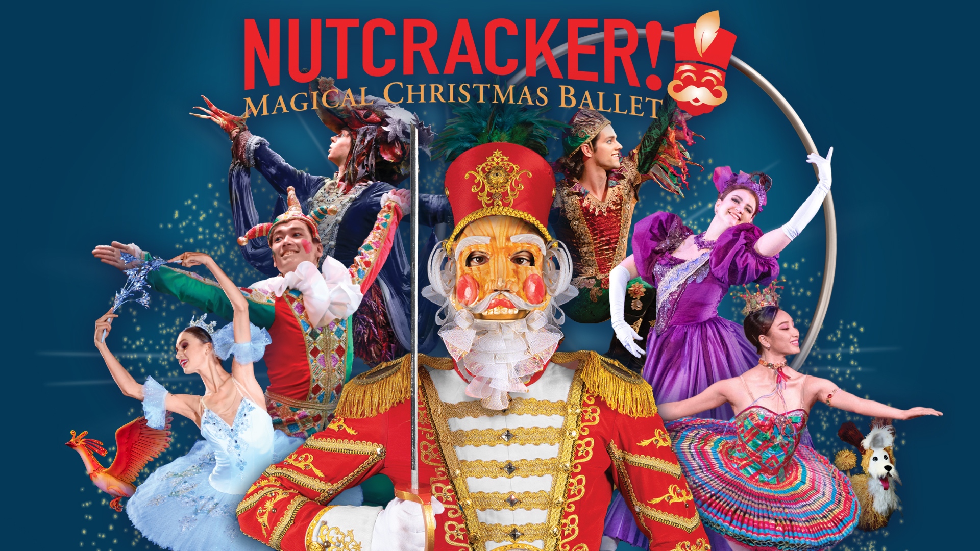 Promotional poster for "Nutcracker! Magical Christmas Ballet" featuring dancers in vibrant, whimsical costumes.