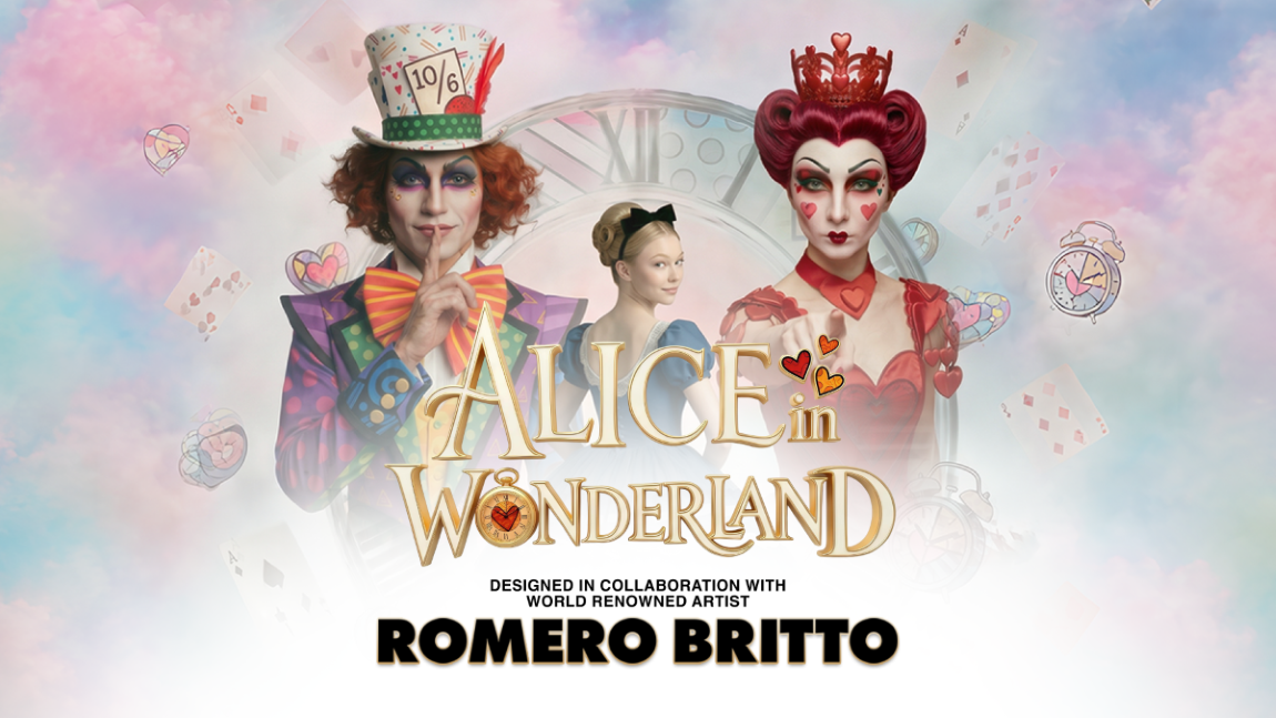 Promotional image for Alice in Wonderland showing the Mad Hatter, Alice, and the Queen of Hearts against a pastel sky. Text reads: Designed in collaboration with artist Romero Britto.