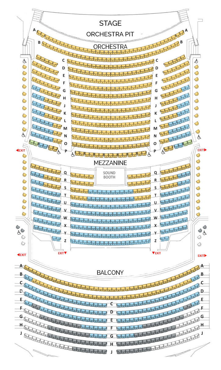 Seating chart showing Stage, Orchestra Pit, Orchestra, Mezzanine with Sound Booth, and Balcony sections with accessible seating icons. Full section details are listed on the page.
