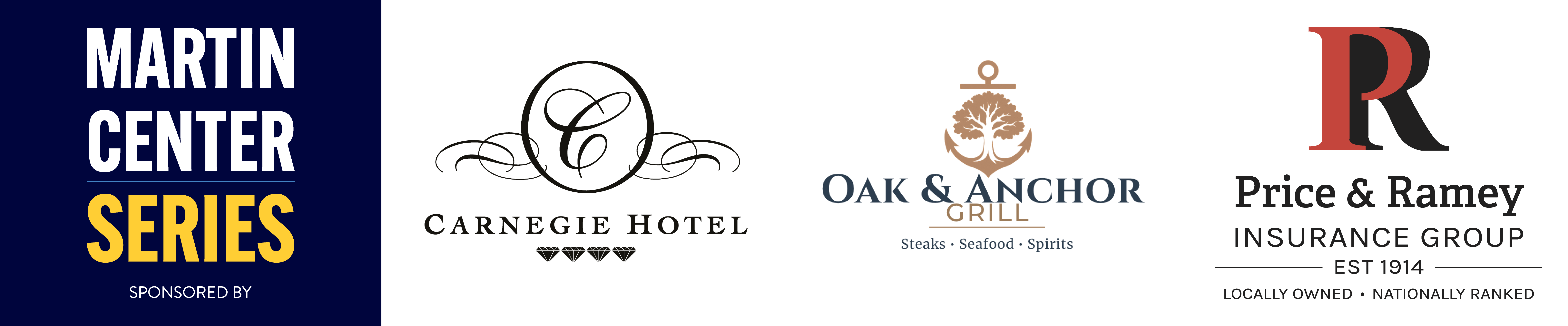 Martin Center Series sponsor graphic featuring logos for Carnegie Hotel, Oak & Anchor Grill, and Price & Ramey Insurance Group.