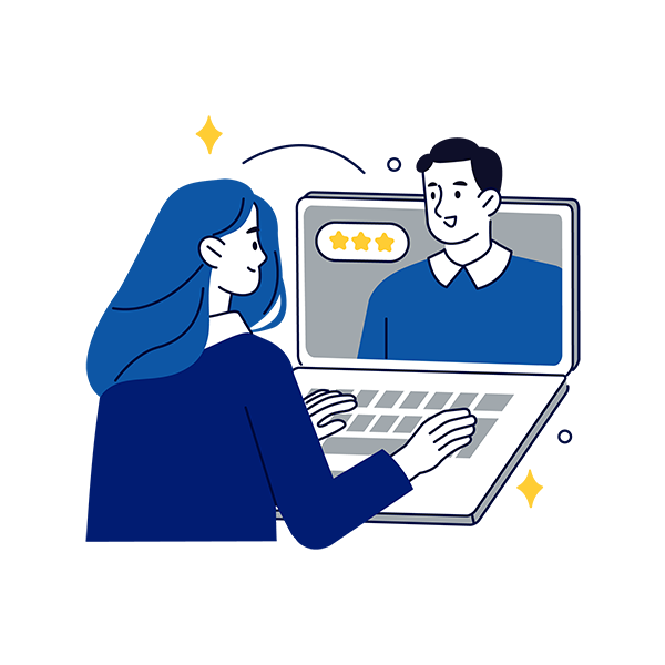 Illustration of two people meeting virtually through a shared laptop screen
