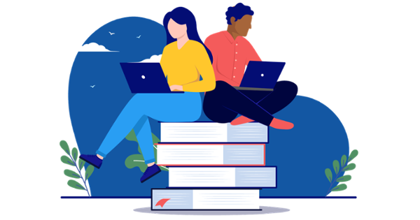 Illustration of two students sitting on a pile of books and holding laptops