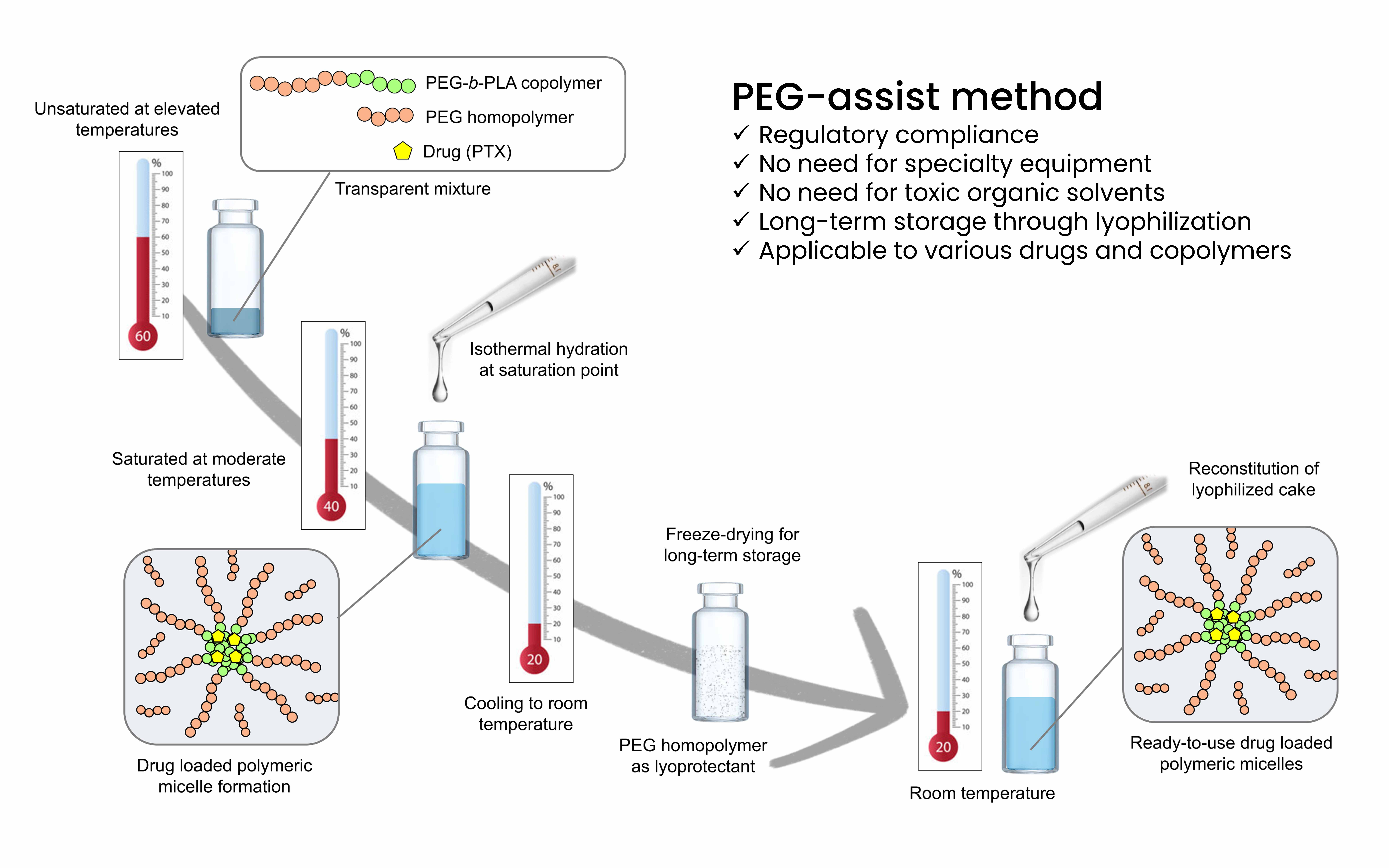 The figure schematically shows the steps for fabricating polymeric micelles using the PEG-assisted method. See section heading "Scalable Manufacturing of Nanomedicines for Solubilization, PK Control, and Precision Delivery"