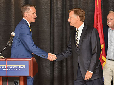 President Brian Noland welcomes Governor Bill Haslam to ETSU for the FOCUS Bill signing on June 13, 2016.