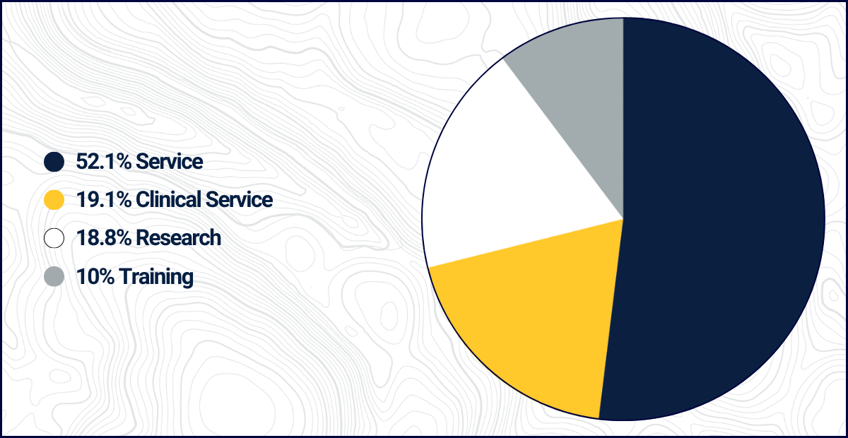 52.1% Service, 19.1% Clinical Service, 18.8% Research, 10% Training