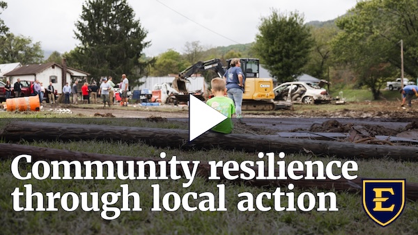 YouTube thumbnail depicting families assessing the damage after Hurricane Helene. The text reads "Community Resilience Through Local Action""