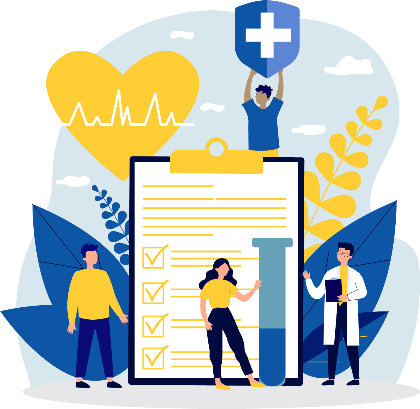 illustration of four people helping one another in the healthcare field