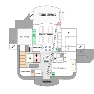 Map of first floor Sherrod Library. Enter through the front doors, walk by the staircase to the back of the library to enter Testing Services