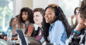 Student listening happily in class