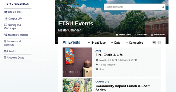 Image is linked to the new calendar. A screenshot of the new ETSU Events Calendar